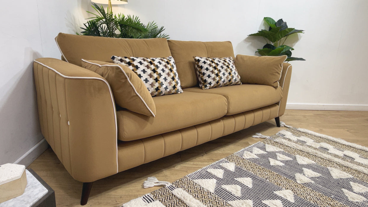 Sofology Remy Fabric 4 Seater in Super Matt Velvet Caramel Mix With Natural Contrast Piping