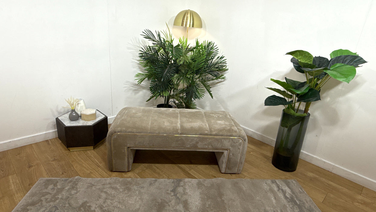 Sofology Oscar Fabric Small Bench Footstool Gold Trim in Fine Textured Chenille Stone