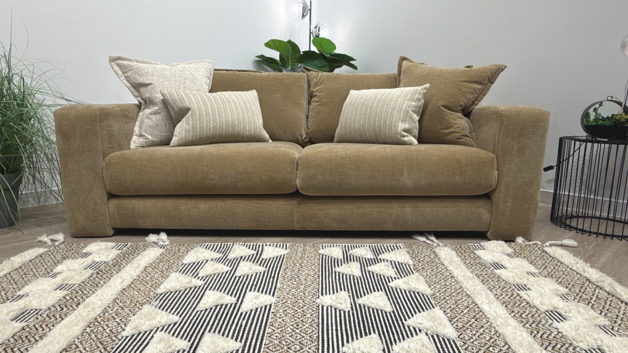 Sofology Cove Fabric 3 Seater Dark Wood Panel in Soft Chenille Caramel Mix