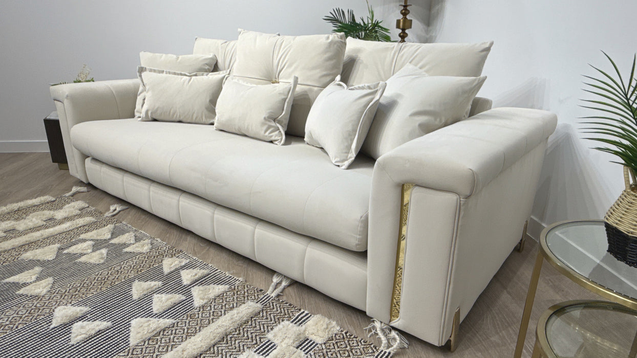 Sofology Oscar Fabric 4 Seater Gold Trim in Super Matt Velvet Ecru