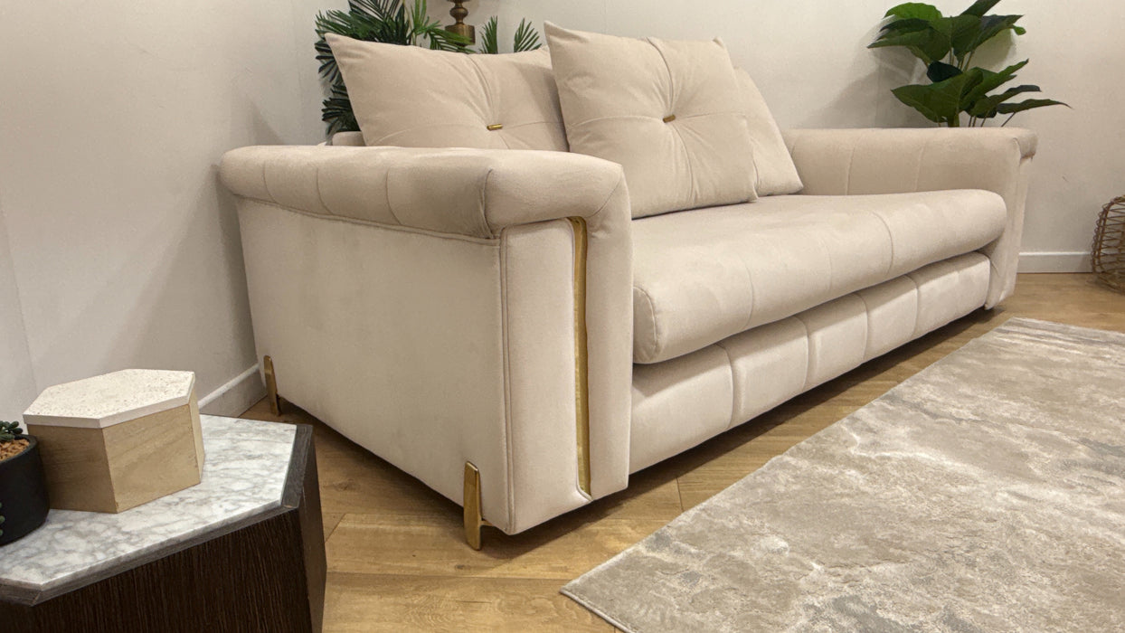 Sofology Oscar Fabric 3 Seater Gold Trim in Super Matt Velvet Ecru Mix