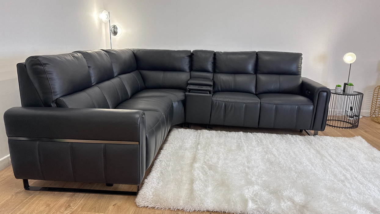 The Ravello 2 Corner 2 + console   - Power Recliner - leather Sofa - Jet Black