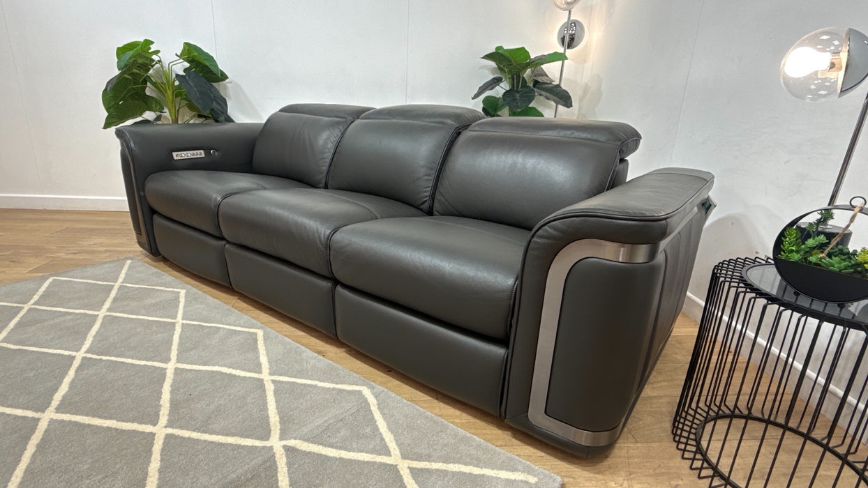 Sofology Plaza Leather 3 Seater Power Recliner/Headrest Heated Seat in Trusty Embossed Charcoal