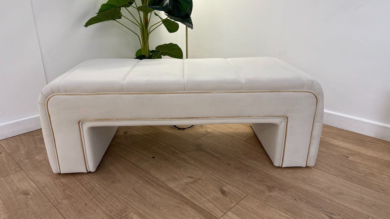 Sofology the Oscar Fabric Small Bench Footstool Gold Trim in Super Matt Velvet Ecru