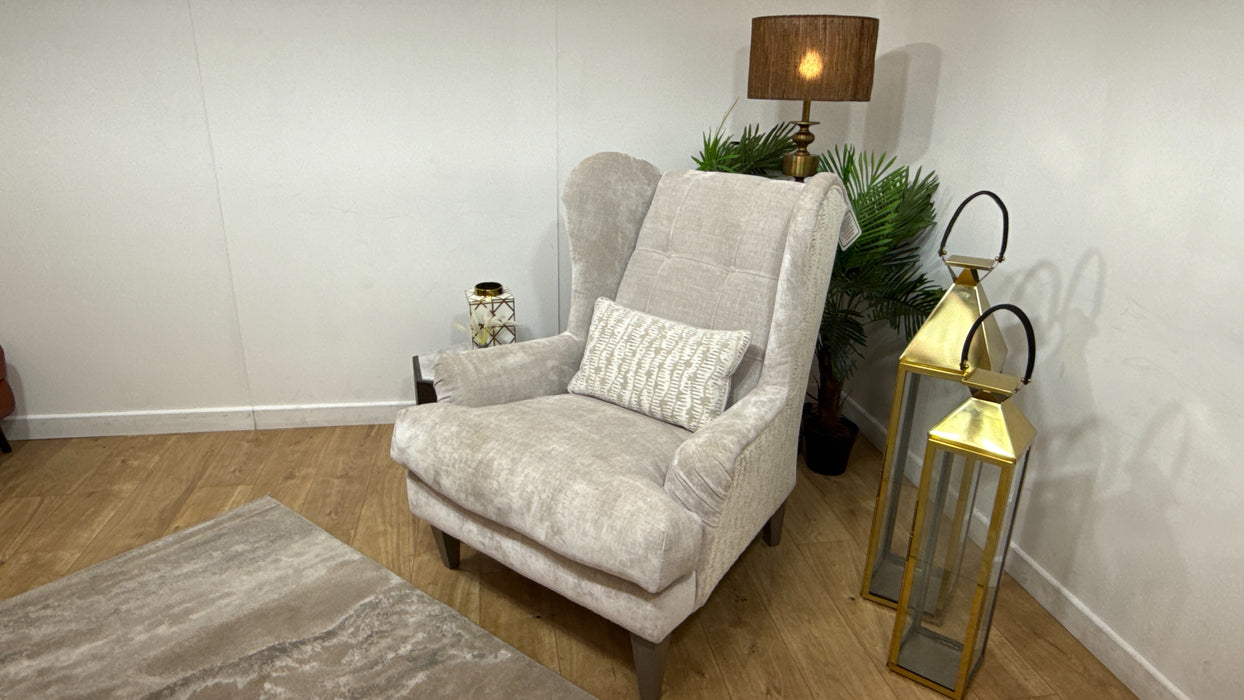 Sofology Highgrove Fabric Accent Chair Feather Flex Seats in Luxe Chenille Oyster/Textured Pebble Mix