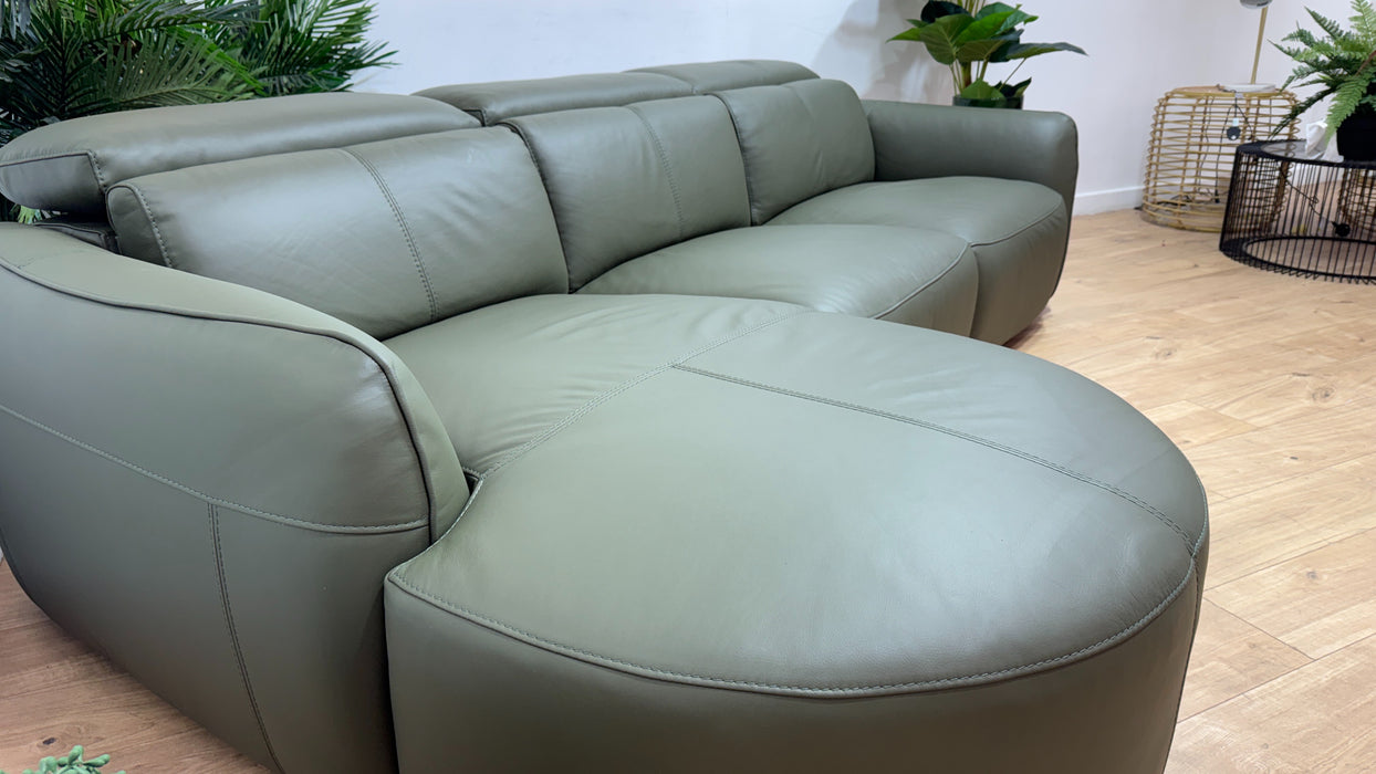 Sofology Serene Leather Chaise 3 Seater Power Recliner/Headrest in Trusty Matt Olive