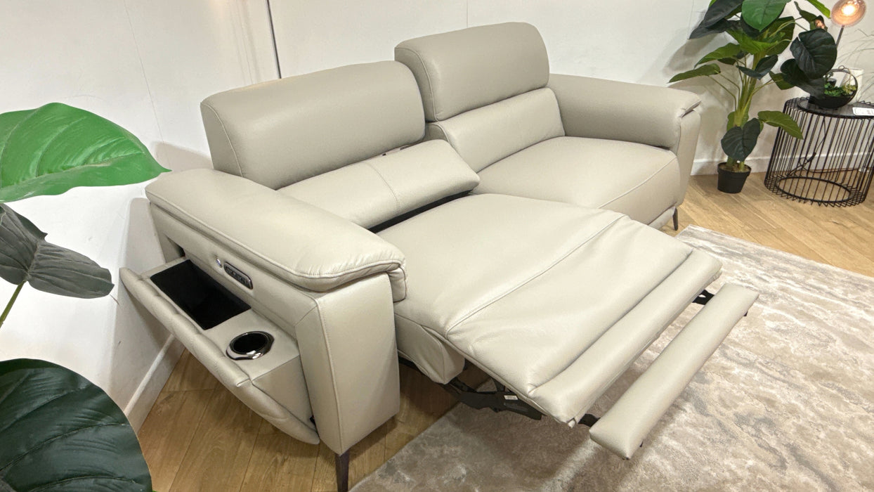 Sofology Fratelli Leather 2.5 Seater Power Recliner/Headrest in Trusty Embossed Light Grey