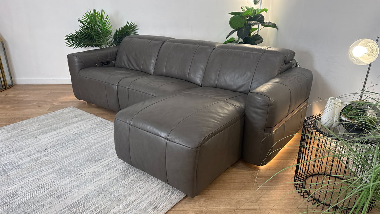 Sofology Lumiere Leather 4 Seater Chaise Power Recliner/Headrest Heated Seat in Trusty Embossed Grey