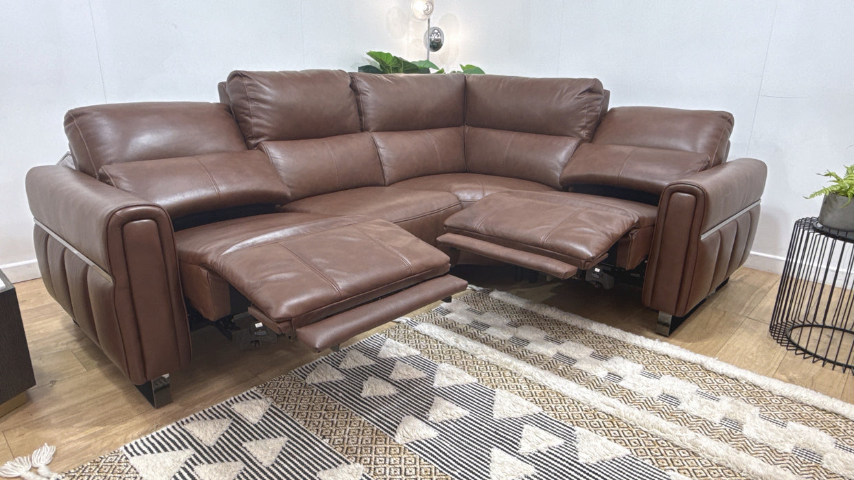 Sofology Ravello Leather 2 Corner 1 Power Recliner/Headrest Lumbar Support in Trusty Embossed Chestnut