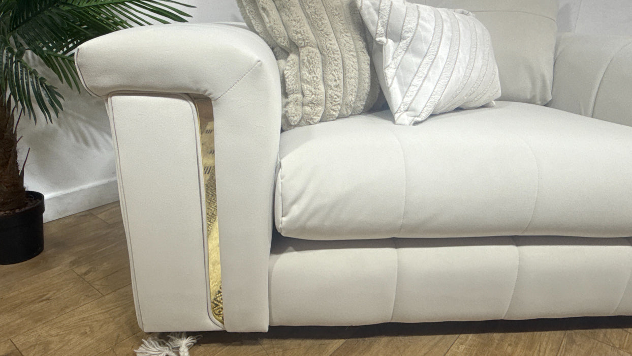 Sofology Oscar Fabric Loveseat Gold Trim in Super Matt Velvet Ecru Mix