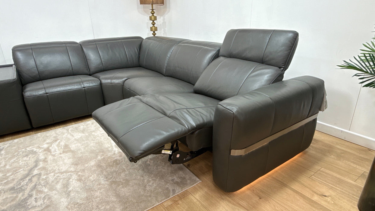 Sofology Lumiere Leather 3 Console Corner 3 Power Recliner/Headrest in Trusty Embossed Charcoal