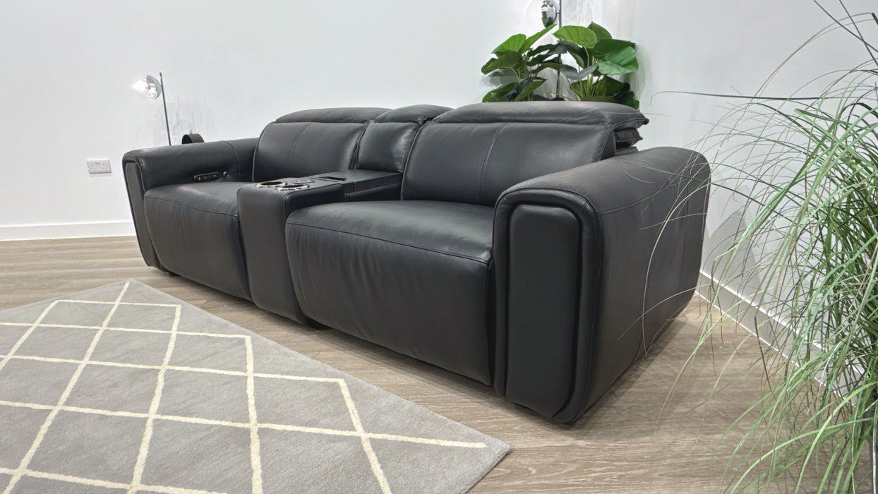Sofology Premiere Leather 2.5 Seater Smart Console Power Recliner/Headrest Heated Seats in Trusty Embossed Jet Black