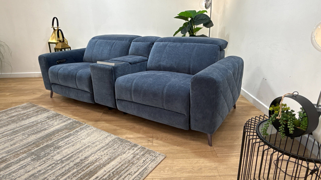 Sofology Allure Fabric 2.5 Seater Console with Screen Power Recliner/Headrest Heated Seats Lumbar Speakers in Relaxed Chenille Denim