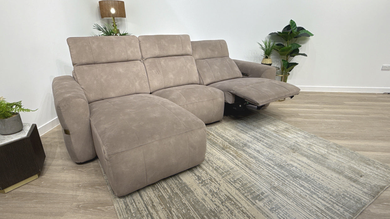 Sofology Lumiere Fabric Chaise 4 Seater Power Recliner/Headrest Gold Trim in Lifestyle Flecked Nutmeg
