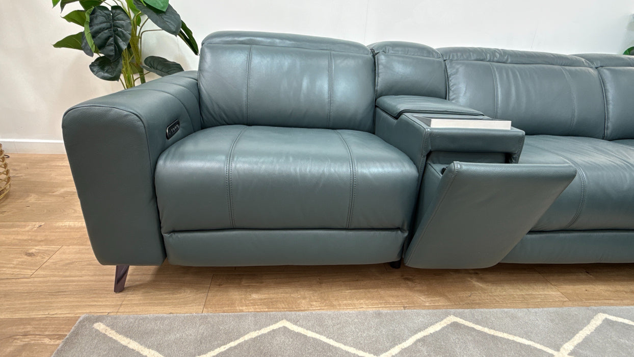 Sofology Allure Leather 3 Screen Console Corner Screen Console 3 Power Recliner/Headrest Heated Seats Lumbar Support Speakers in Trusty Embossed Peacock