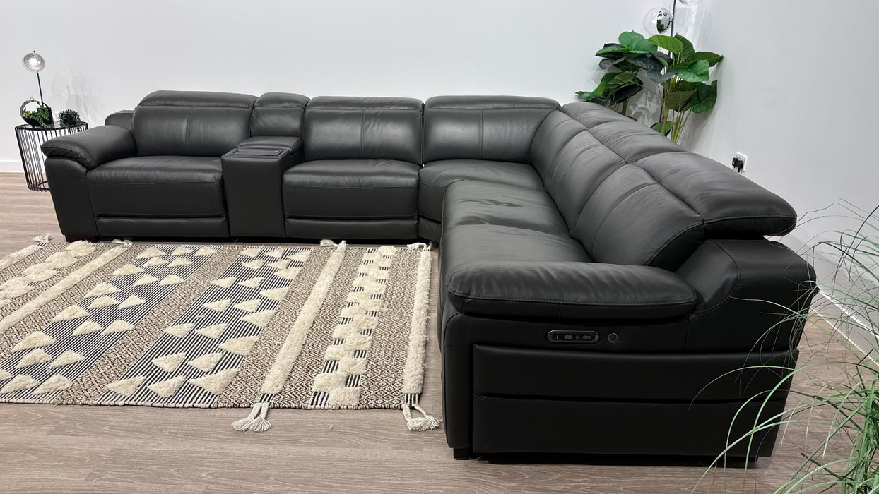 Sofology Portland Leather 3 Console Corner 3 Power Recliner/Headrest Heated Seats in Trusty Embossed Charcoal