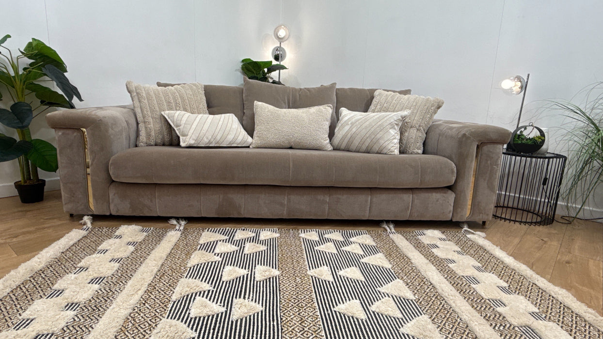 Sofology Oscar Fabric 4 Seater Gold Trim in Fine Textured Chenille Stone Mix