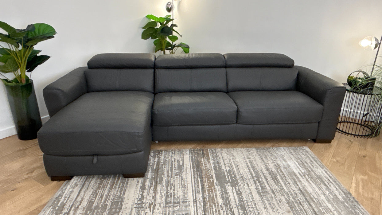 Sofology Metropolitan Leather Chaise 4 Seater Sofa Bed with Storage in Trusty Matt Charcoal