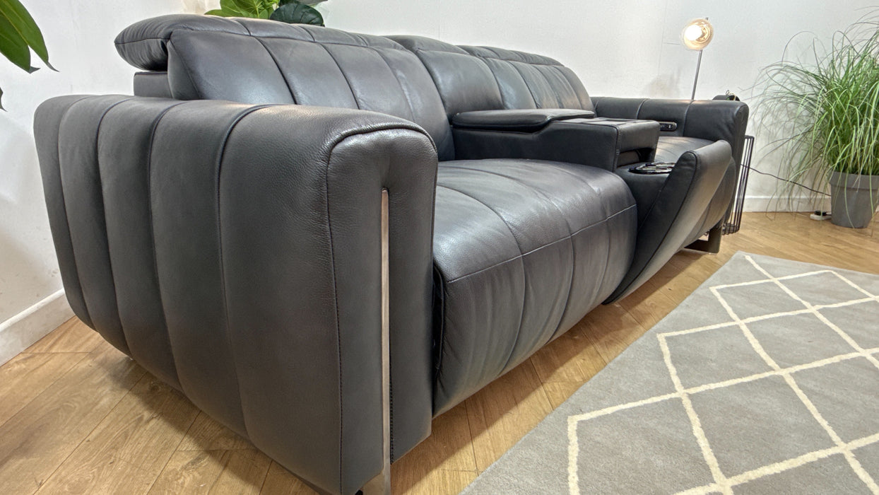 Sofology Paramount Leather 2.5 Seater Console Power Recliner/Headrest Speakers in Trusty Embossed Navy