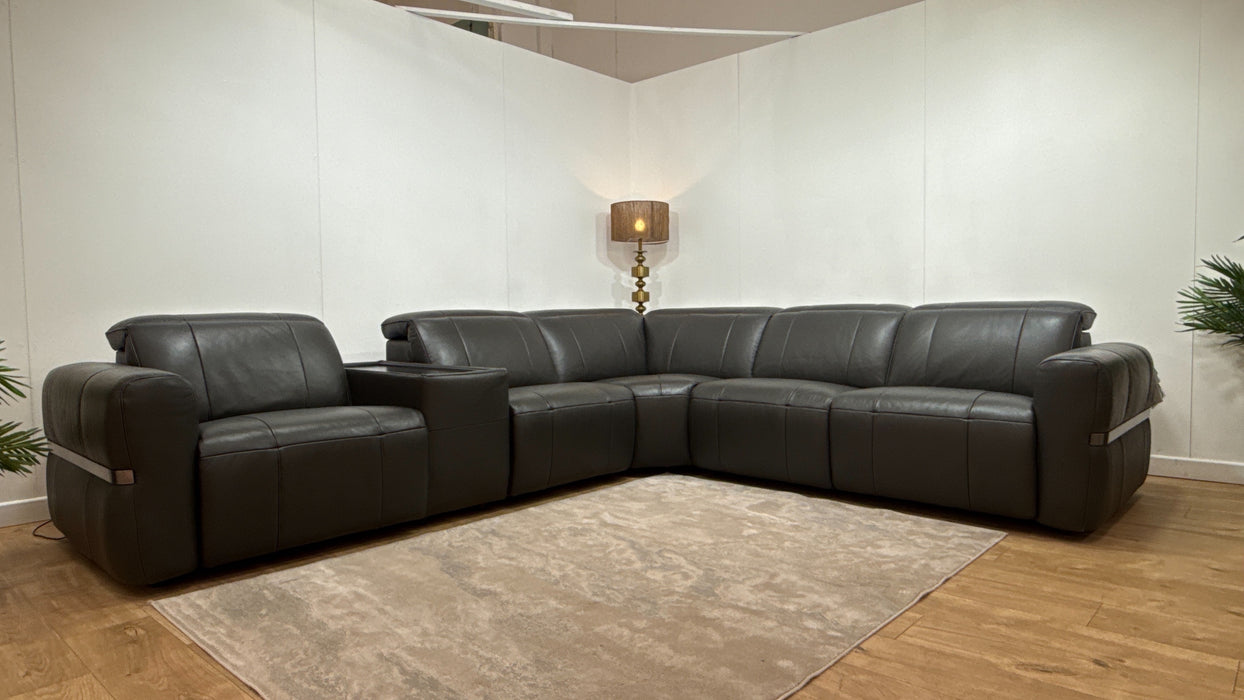 Sofology Lumiere Leather 3 Console Corner 3 Power Recliner/Headrest in Trusty Embossed Charcoal