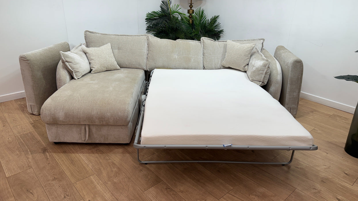 Sofology Portobello Fabric Chaise 3 Seater Sofabed Foam Seats Hybrid Pocket Mattress in Luxury Chenille Mist Mix