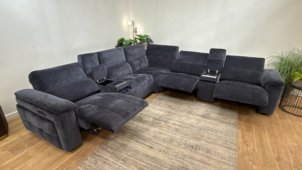 Sofology 3 Console Corner 3 Power Recliner/Headrest Heated Seats Lumbar Support in Montreal Denim