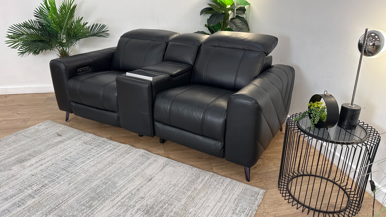 Sofology Allure Leather 2 Seater Power Recliner/Headrest Screen Console Heated Seats Lumbar Speakers in Trusty Embossed Jet Black