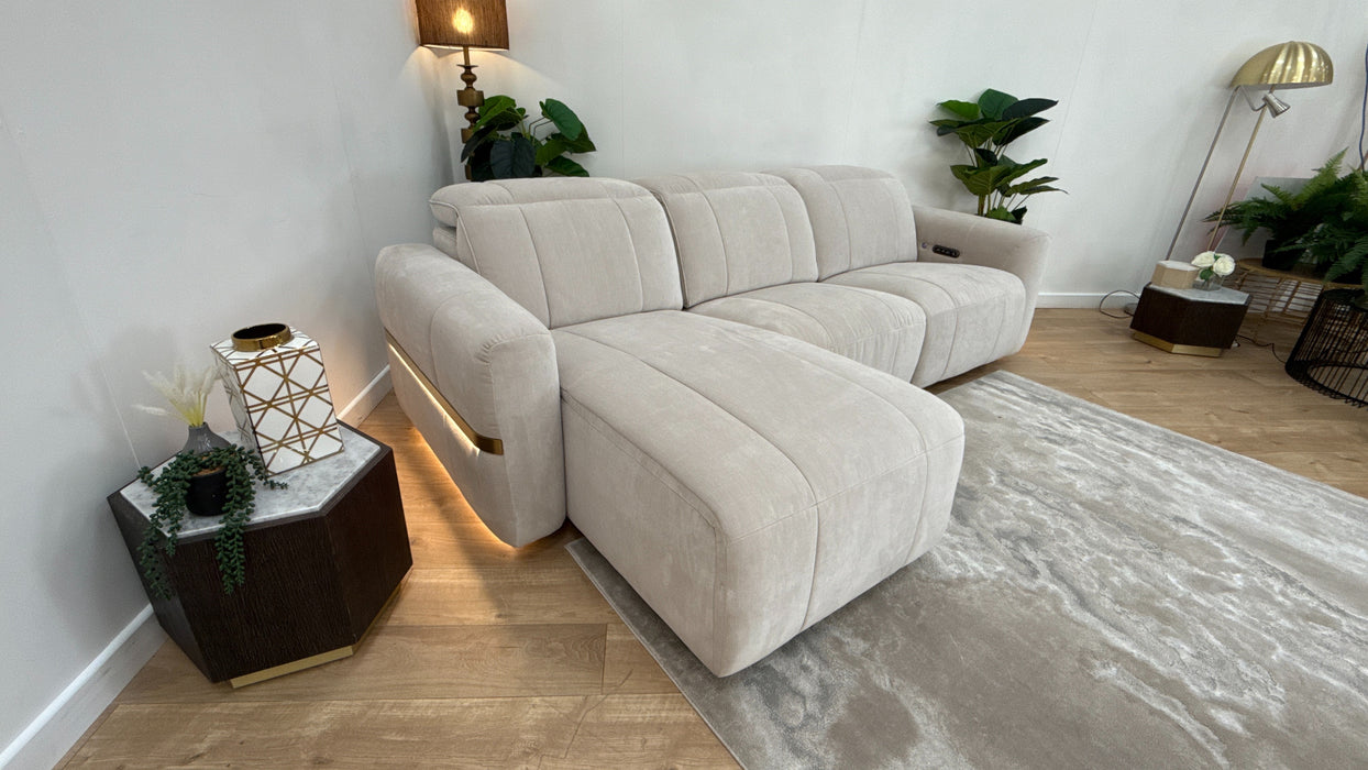 Sofology Lumiere Fabric 4 Seater Chaise Power Recliner/Headrest in Relaxed Chenille Cotton