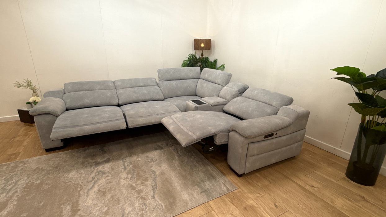 Sofology Portland Fabric 3 Corner Console 1.5 Power Recliner/Headrest Heated Seats in Lifestyle Flecked Silver