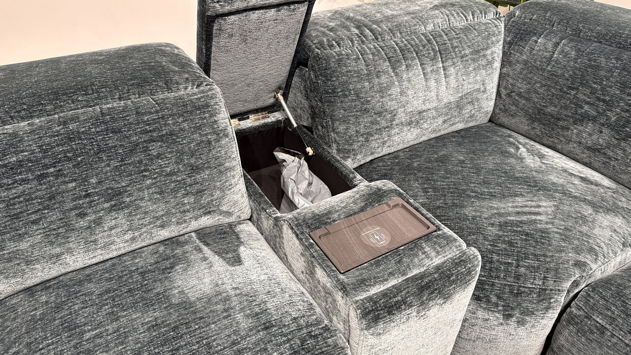 Sofology Drift Fabric Chaise 3 Console Corner 3 Power Recliner/Headrest in Luxury Textured Chenille Lagoon