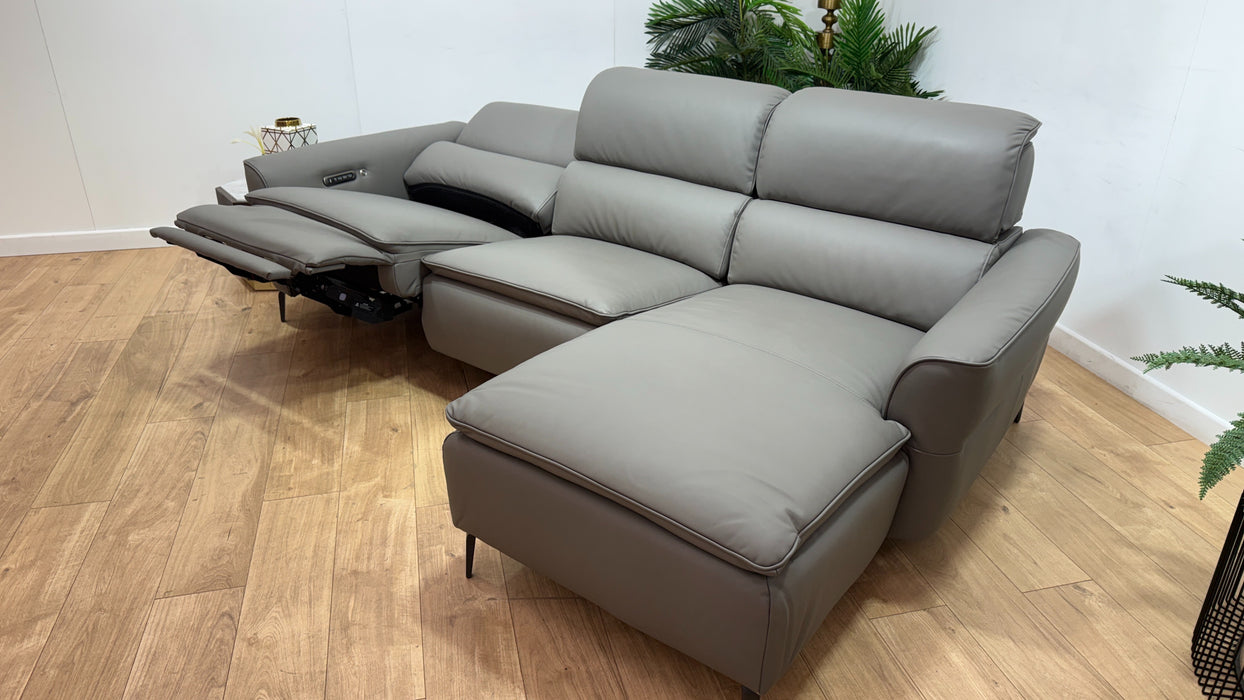 Sofology Viento Leather 3 Seater Chaise Power Recliner/Headrest Lumbar Heated Seat in Trusty Super Matt Storm Grey