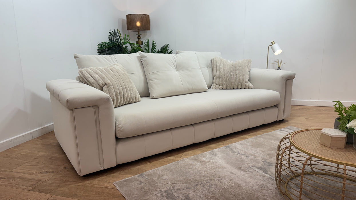 Sofology Oscar Fabric 4 Seater Distressed Walnut Trim in Super Matt Velvet Ecru Mix