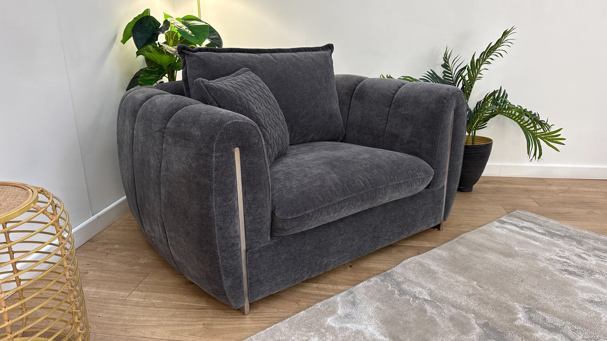Sofology The Empress Fabric Loveseat Full Back Gun Metal Trim in Textured Chenille Charcoal