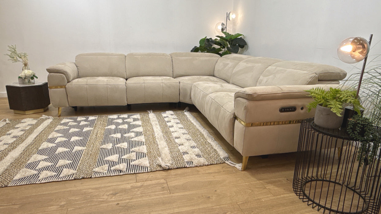 Sofology Milan Fabric 3 Corner 3 Power Recliner/Headrest Heated Seats Lumbar Support with Trim in Lifestyle Nubuck Feel Fabric Stone