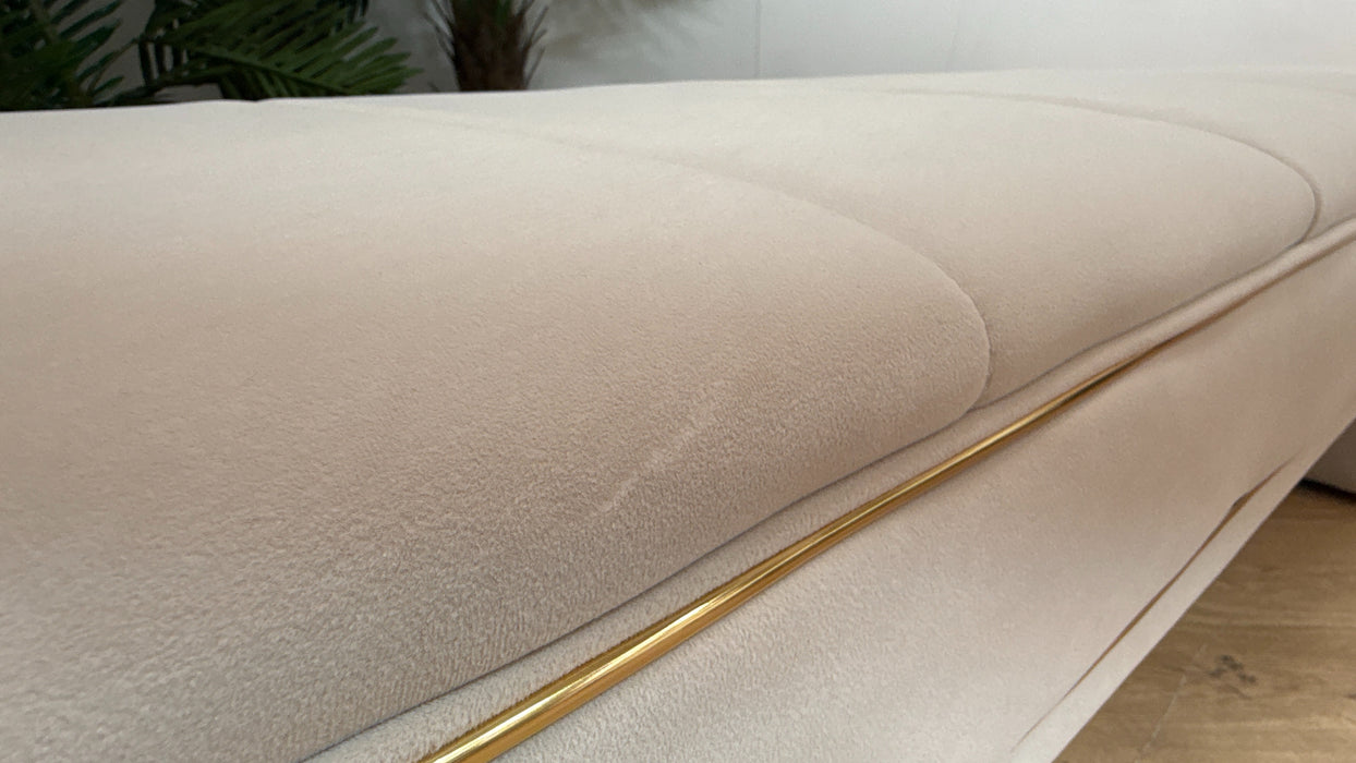 Sofology Oscar Fabric Large Bench Footstool Gold Trim in Super Matt Velvet Ecru