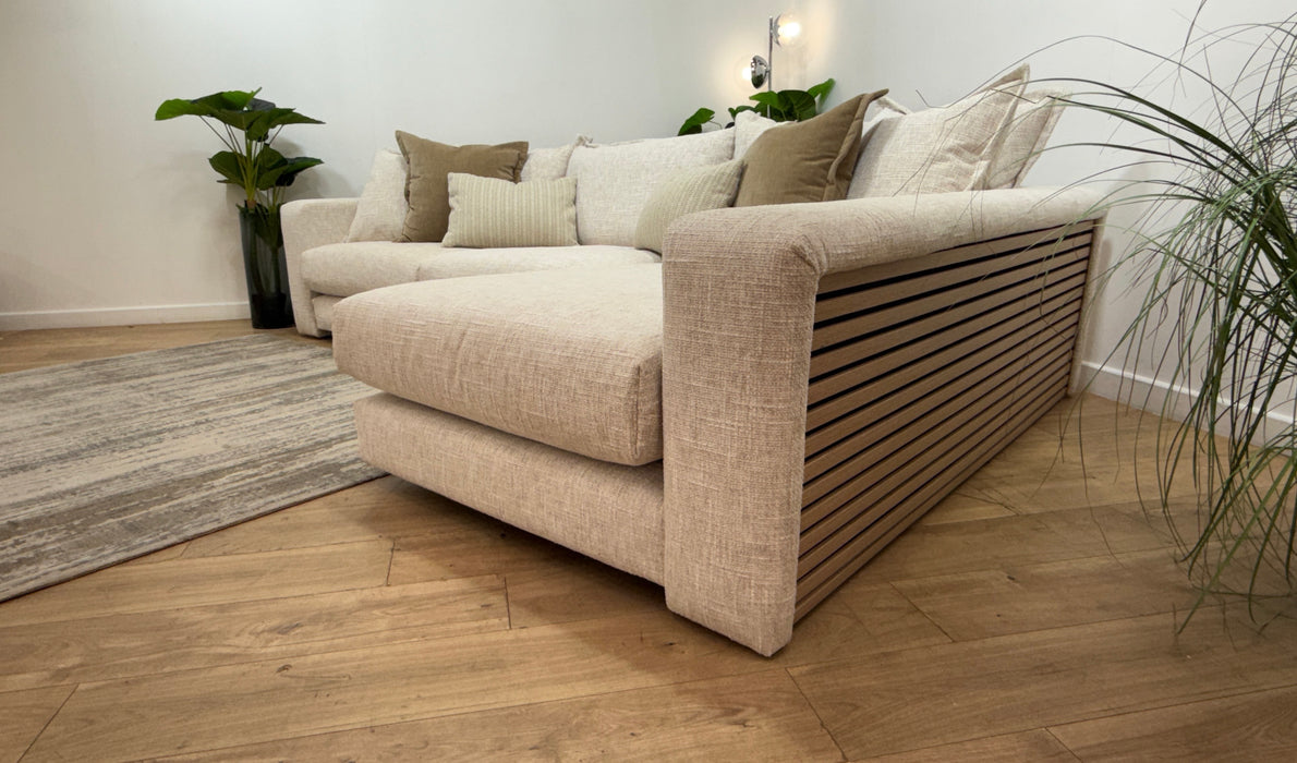 Sofology Cove Fabric Grande Chaise Light Wood Panel in Artisan Chenille Ecru Mix