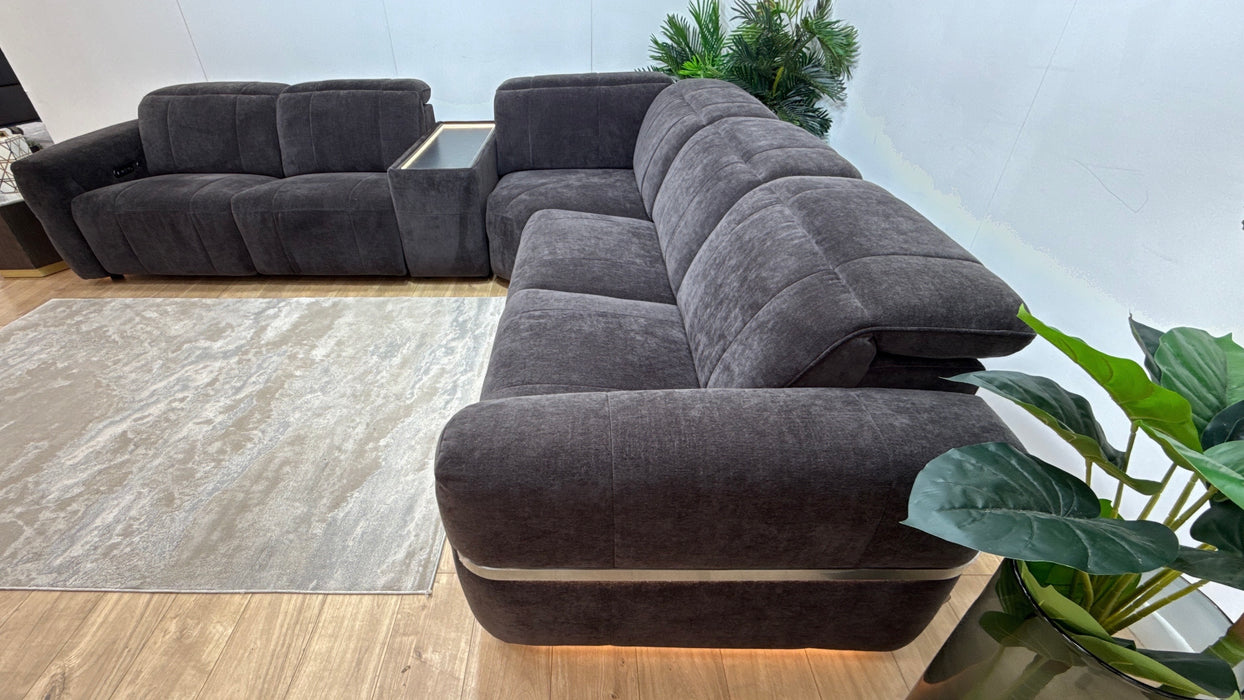 Sofology Lumiere Fabric 3 Console Corner 3 Triple Power Recliner/Headrest in Relaxed Chenille Raisin