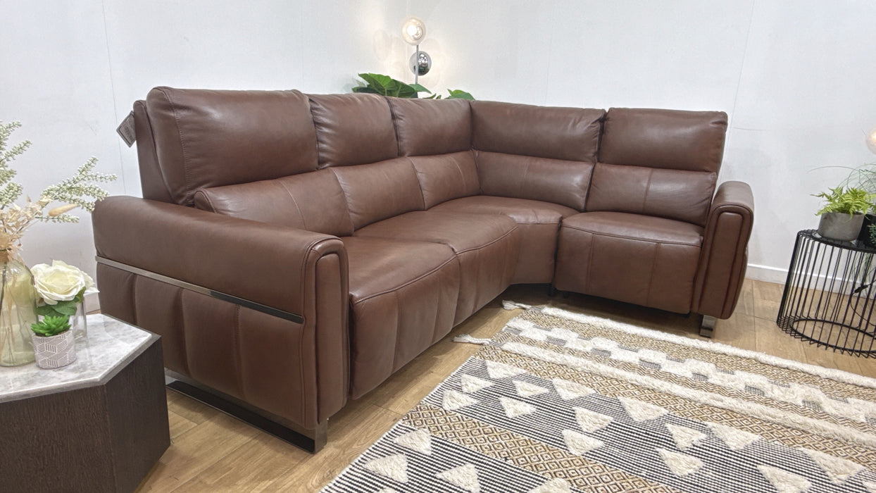 Sofology Ravello Leather 2 Corner 1 Power Recliner/Headrest Lumbar Support in Trusty Embossed Chestnut