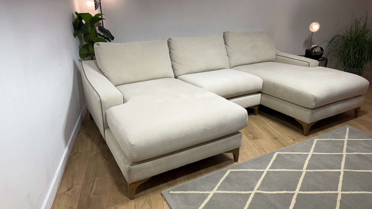 Sofology Wildwood Fabric 4 Seater Double Chaise with Footstool in Soft Sherpa Natural Contrast Piping Mix