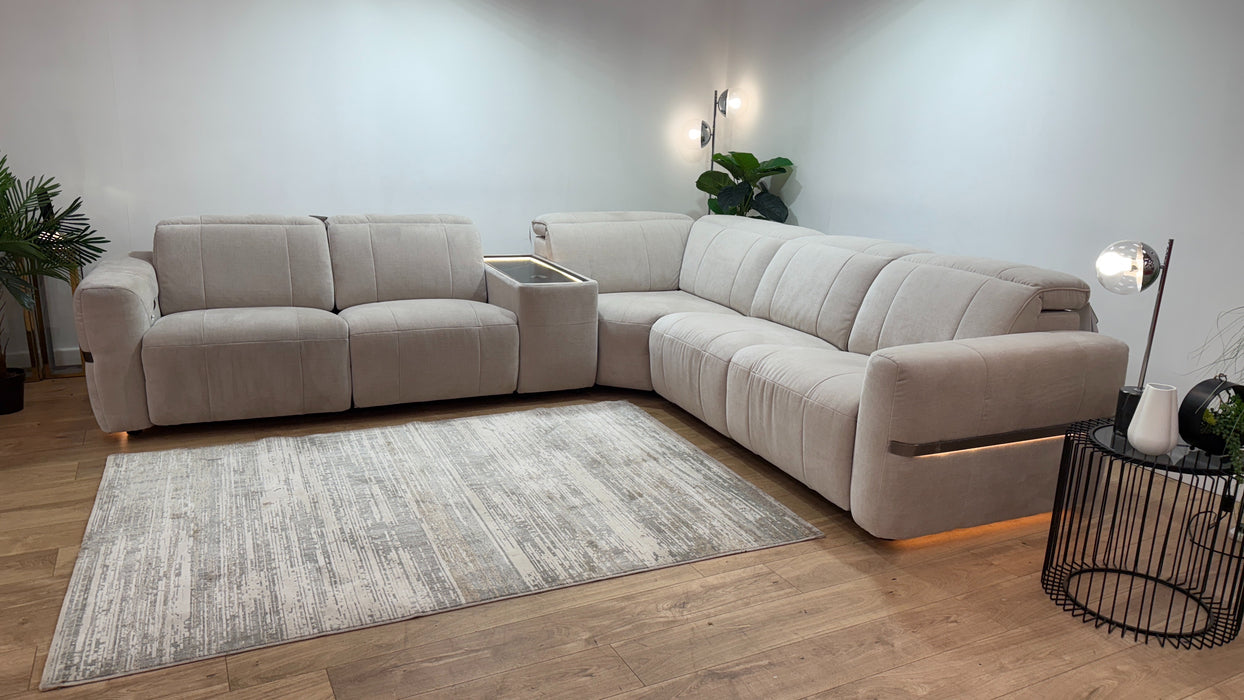 Sofology Lumiere Fabric 3 Console Corner 3 Power Recliner/Headrest Gunmetal Trim in Relaxed Chenille Cotton