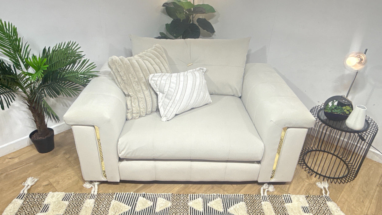 Sofology Oscar Fabric Loveseat Gold Trim in Super Matt Velvet Ecru Mix