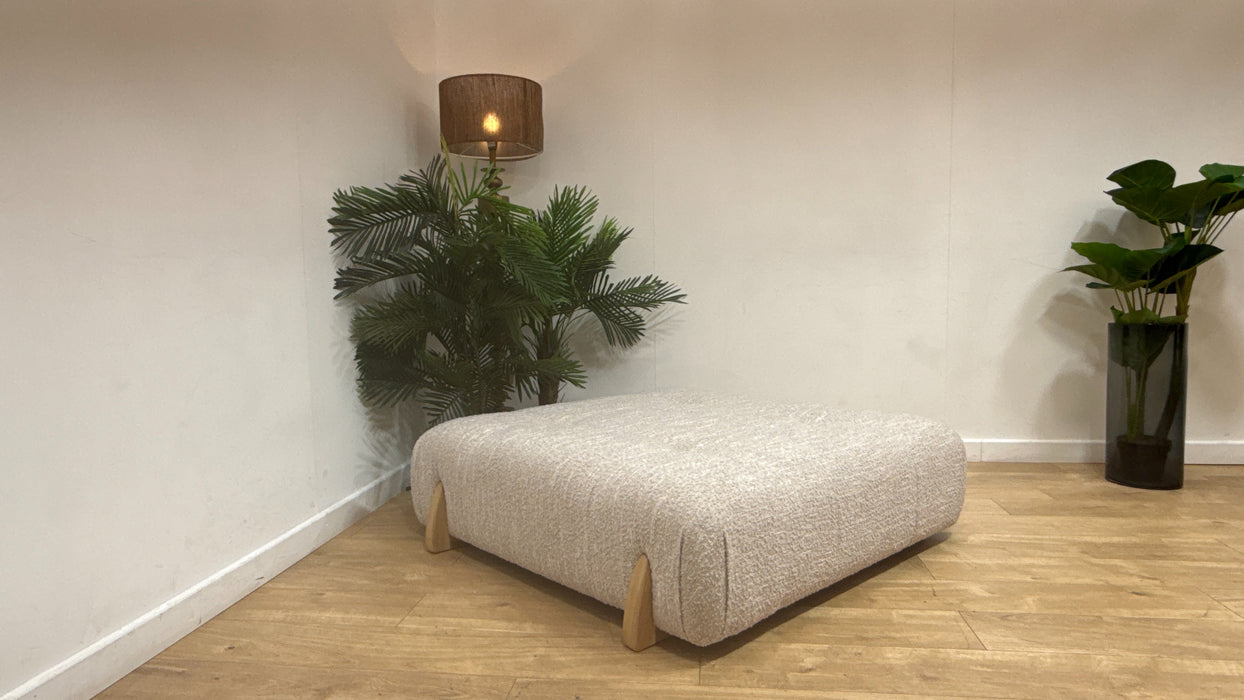 Sofology Marble Arch Fabric Designer Footstool with Light Wood Trim in Chunky Flecked Boucle Stone