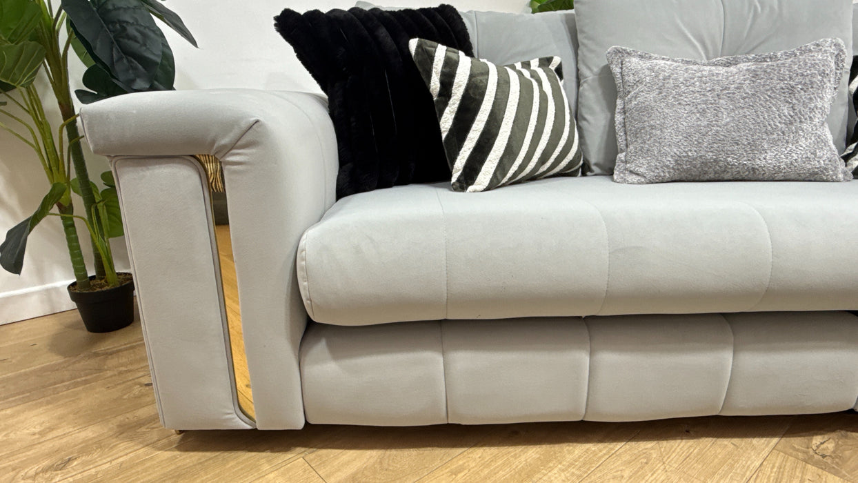 Sofology Oscar Fabric 4 Seater Split Gold Trim in Super Matt Velvet Silver Mix