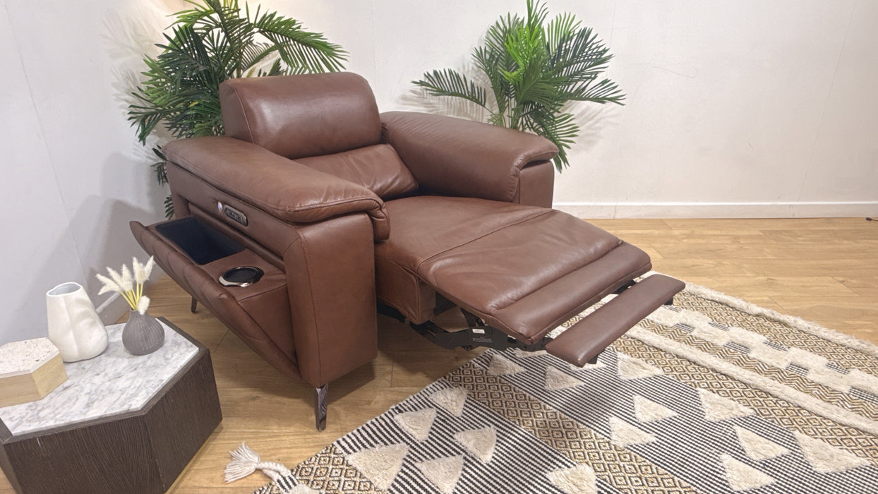 Sofology Fratelli Leather Chair Power Recliner/Headrest in Trusty Embossed Chestnut