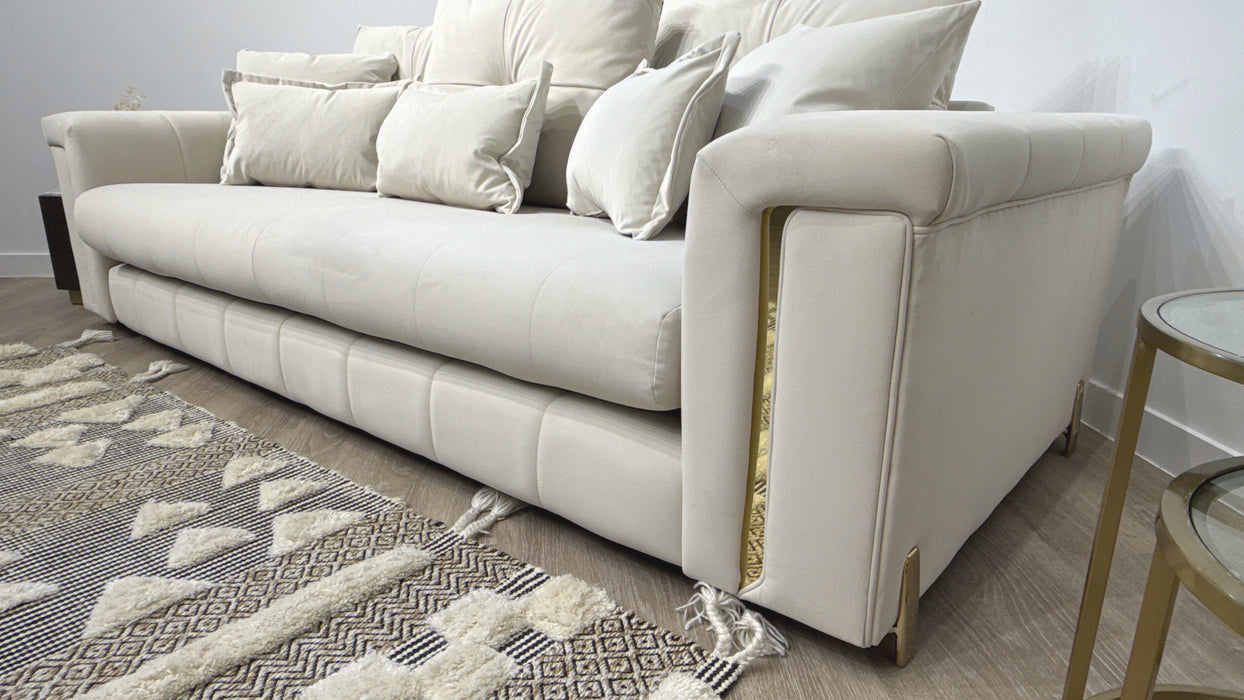 Sofology Oscar Fabric 4 Seater Gold Trim in Super Matt Velvet Ecru