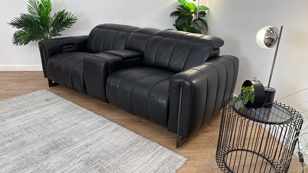 Sofology The Paramount Leather 2.5 Seater Console Power Recliner/Headrest Speakers in Trusty Embossed Jet Black
