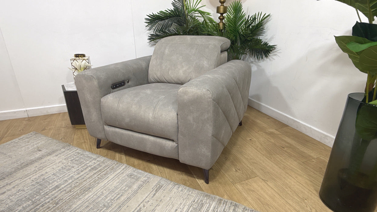 Sofology Allure Fabric Chair Power Recliner/Headrest Heated Seat Speakers in Lifestyle Flecked Stone