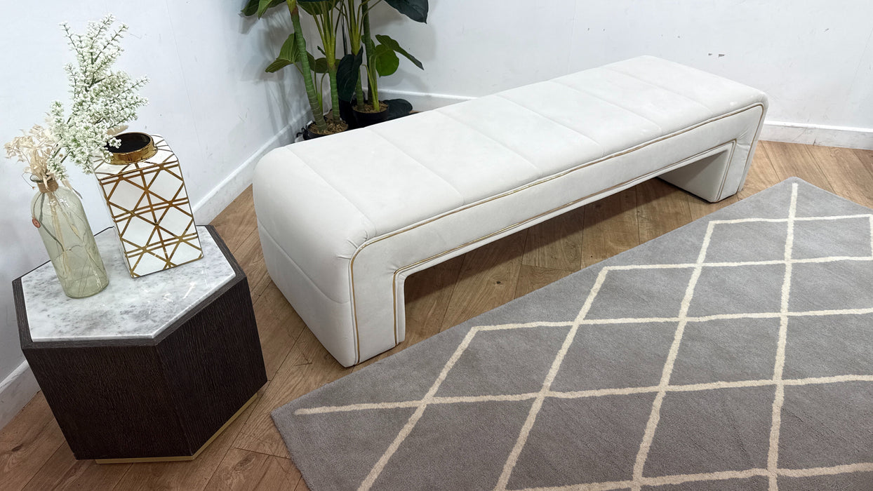 Sofology Oscar Fabric Large Bench Footstool Gold Trim in Super Matt Velvet Ecru