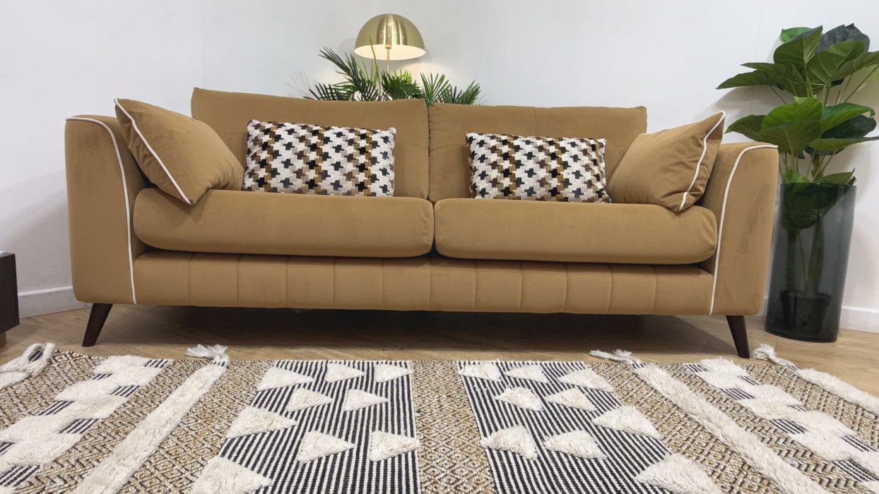 Sofology Remy Fabric 4 Seater in Super Matt Velvet Caramel Mix With Natural Contrast Piping