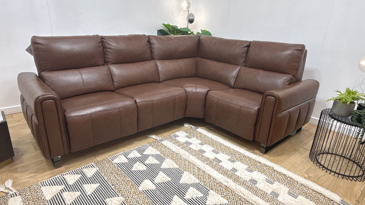 Sofology Ravello Leather 2 Corner 1 Power Recliner/Headrest Lumbar Support in Trusty Embossed Chestnut